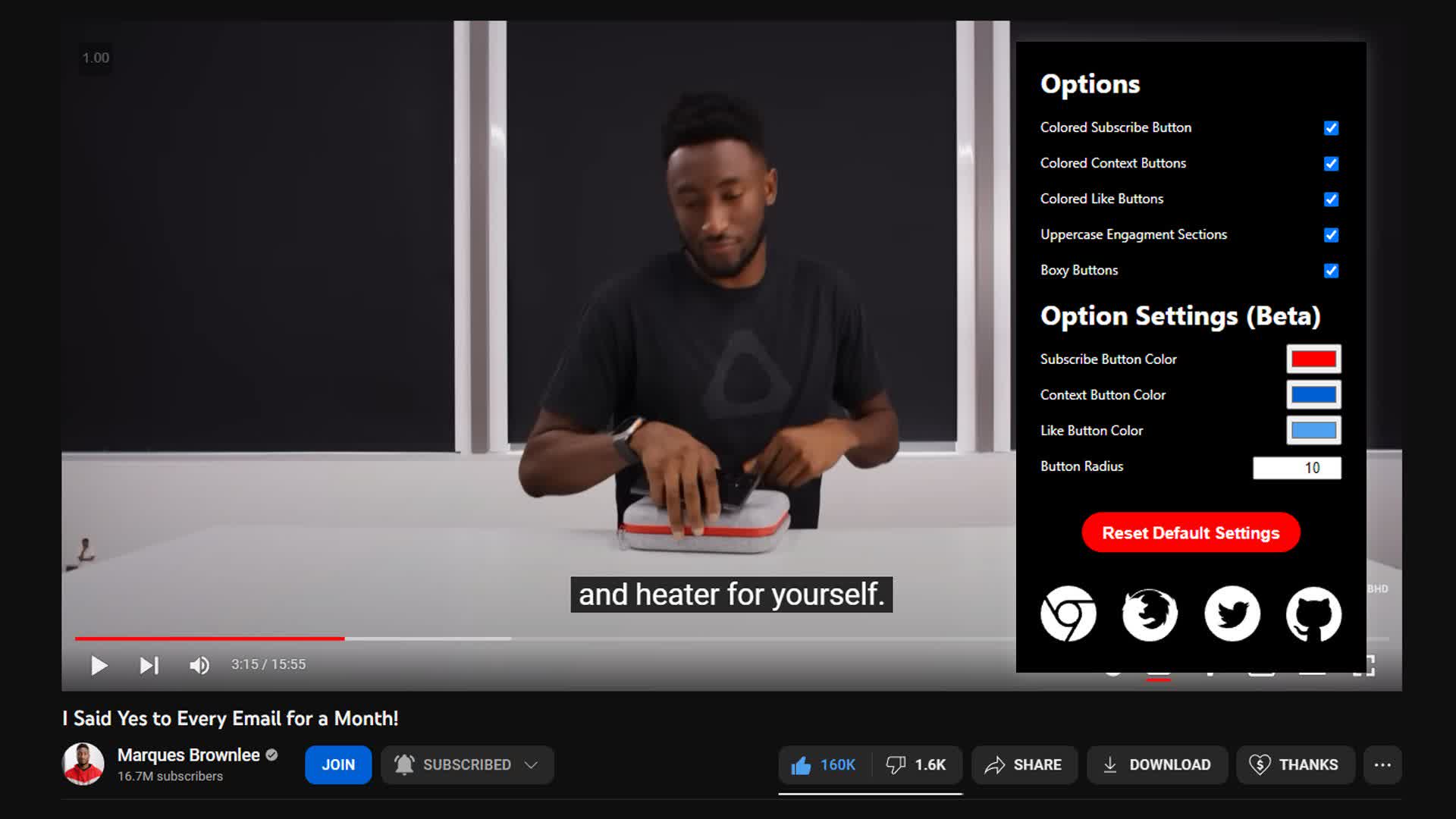 MKBHD's youtube channel, showcasing the red subscribe button chrome extension made by Damien DavisNeff.
